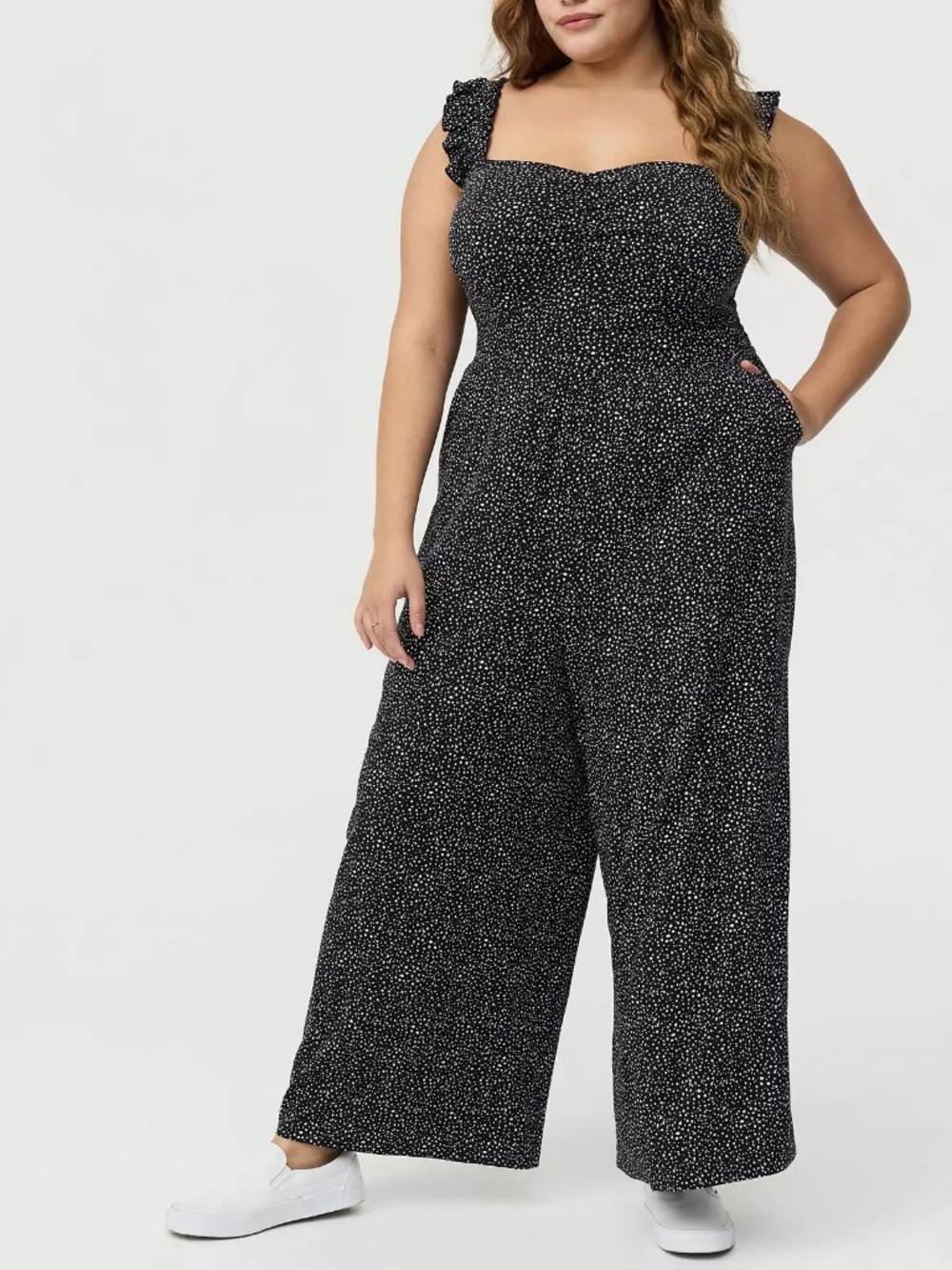 Torrid Jumpsuit 2X Romper Black Dots Ruffle Sleeves Wide Leg Pockets Plus Size